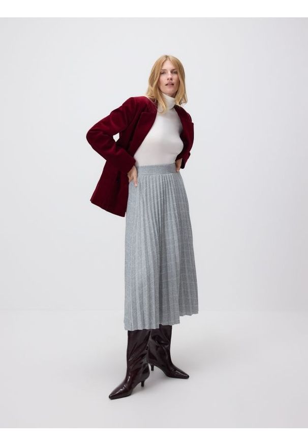 Reserved - Plisowana spódnica w kratę - ciemnoszary. Kolor: szary. Materiał: dzianina, wiskoza