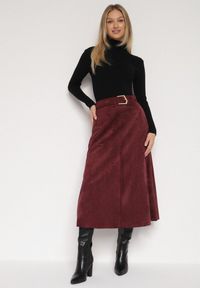 Born2be - Bordowa Rozkloszowana Wiskozowa Spódnica z Bawełną Ozdobiona Paskiem Nawedea. Okazja: na co dzień. Kolor: czerwony. Materiał: bawełna, wiskoza. Wzór: aplikacja. Styl: klasyczny, casual, elegancki #3