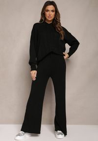 Renee - Czarny Komplet z Dzianiny Oversizowa Bluza z Kapturem i Spodnie z Szerokimi Nogawkami Mathuva. Kolor: czarny. Materiał: dzianina. Wzór: aplikacja, ze splotem #5