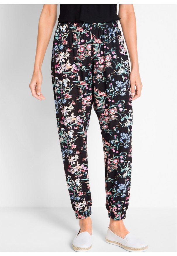 bonprix - Spodnie haremki z mieszanki wiskozy. Kolor: czarny. Materiał: wiskoza