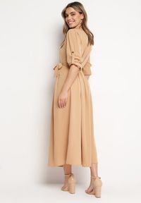 Born2be - Beżowa Rozkloszowana Sukienka Maxi z Koszulową Górą i Wiązanym Paskiem Indiga. Kolor: beżowy. Materiał: materiał. Wzór: jednolity. Typ sukienki: koszulowe. Długość: maxi #2