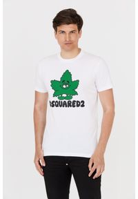 DSQUARED2 Biały t-shirt z zielonym liściem. Kolor: biały. Wzór: nadruk