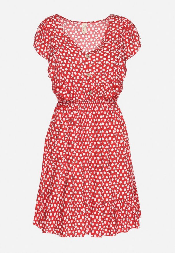 Born2be - Czerwona Rozkloszowana Sukienka z Bawełny w Kwiaty z Guzikami Ronelle. Okazja: na randkę, na spacer, na co dzień. Kolor: czerwony. Materiał: bawełna. Wzór: kwiaty. Typ sukienki: rozkloszowane, proste. Styl: casual, elegancki