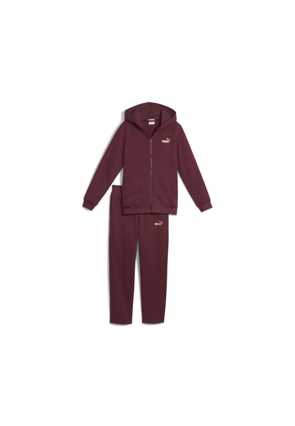 Puma - Młodzieżowy dres z kapturem i metalicznym wykończeniem PUMA. Okazja: na uczelnię, na co dzień. Kolor: czerwony. Materiał: dresówka. Wzór: nadruk. Styl: młodzieżowy