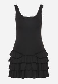 Born2be - Czarna Sukienka z Wiskozą Ozdobiona Falbankami Ovinia. Okazja: na co dzień. Typ kołnierza: kołnierz z falbankami. Kolor: czarny. Materiał: wiskoza. Długość rękawa: na ramiączkach. Wzór: aplikacja. Styl: casual #2