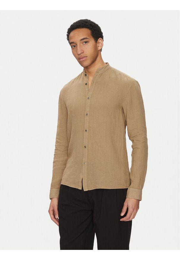 Hugo - HUGO Koszula Elvory 50490740 Beżowy Slim Fit. Kolor: beżowy. Materiał: len