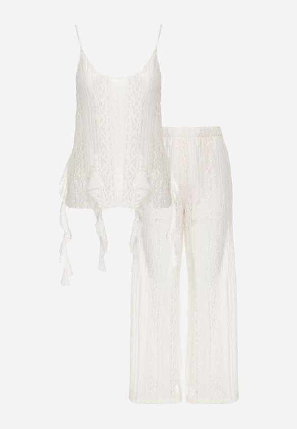 Born2be - Beżowy Rustykalny Komplet z Koronką i Falbankami Top i Szerokie Spodnie Pretissa. Kolor: beżowy. Materiał: koronka. Wzór: koronka