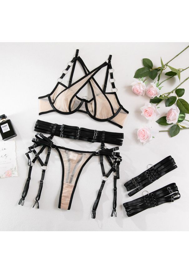 Intica - Komplet bielizny z ozdobnymi regulowanymi paskami na romantyczne wieczory Shoshana. Kolor: wielokolorowy. Materiał: materiał. Wzór: paski