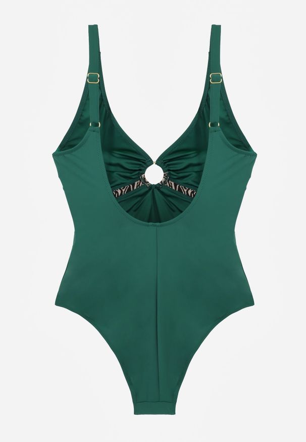 Renee - Zielony Strój Kąpielowy z Paskiem w Geometryczny Print i Wycięciem Helania. Kolekcja: plus size. Kolor: zielony. Wzór: geometria, nadruk