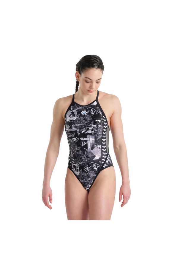 Strój Kąpielowy Arena W Icons Swimsuit Fast Back Allover. Kolor: szary. Wzór: aplikacja, paski, nadruk