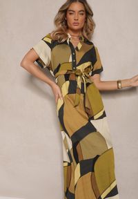 Renee - Zielona Wiskozowa Sukienka Koszulowa z Paskiem w Geometryczny Print Falintia. Okazja: na co dzień. Typ kołnierza: dekolt w kształcie V. Kolor: zielony. Materiał: wiskoza. Długość rękawa: krótki rękaw. Wzór: geometria, nadruk. Typ sukienki: koszulowe. Styl: klasyczny, casual