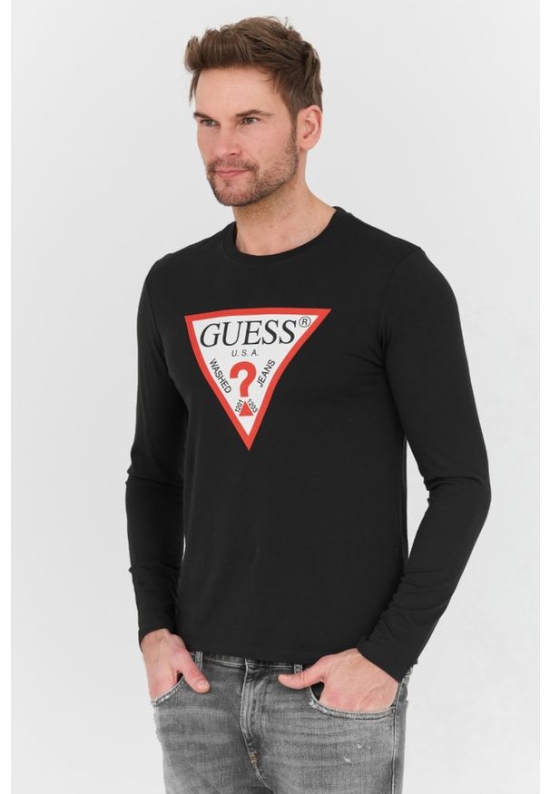 Guess - GUESS Czarny męski longsleeve Original Logo Tee, Rozmiar L. Kolor: czarny. Długość rękawa: długi rękaw