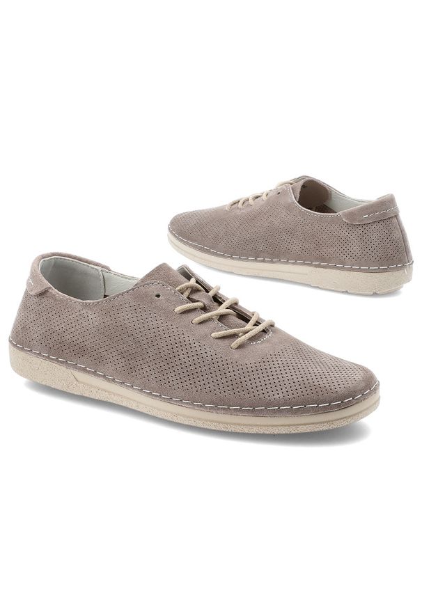 Półbuty damskie S.Barski cholewka ze skóry naturalnej z drobną perforacją klasyczne sznurowanie smukły fason zaokrąglony nosek niska jednolita podesz. Okazja: na co dzień. Zapięcie: sznurówki. Kolor: szary. Materiał: skóra. Szerokość cholewki: normalna. Wzór: jednolity. Styl: klasyczny