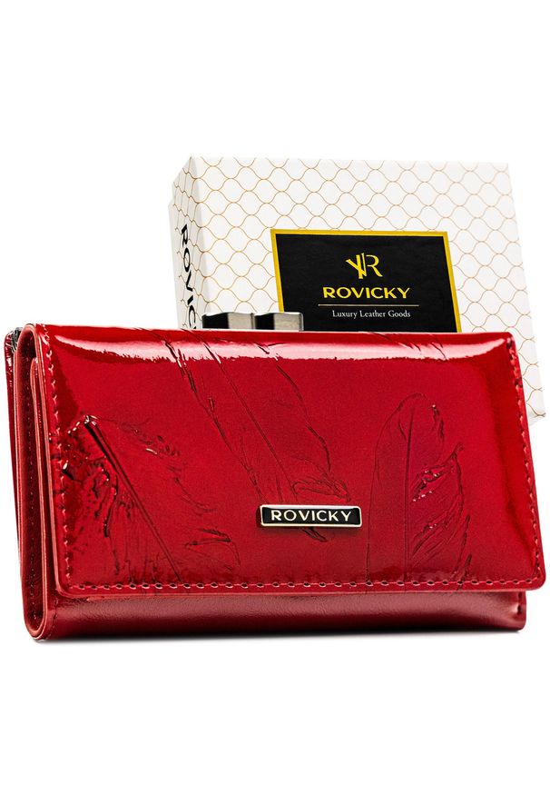 ROVICKY - Lakierowany czerwony portfel damski na bigiel skórzany RFID STOP Rovicky RPN-23-YM. Kolor: czerwony. Materiał: lakier