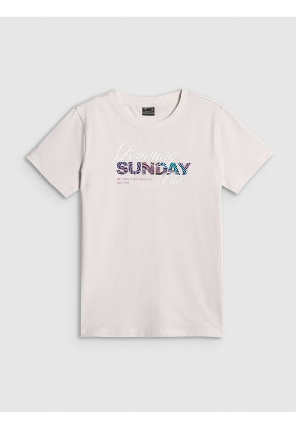 4f - 4F T-shirt regular z nadrukiem damski - biały XS. Okazja: na co dzień. Kolor: biały. Materiał: dzianina, bawełna, dresówka, jeans. Wzór: nadruk. Styl: casual, klasyczny