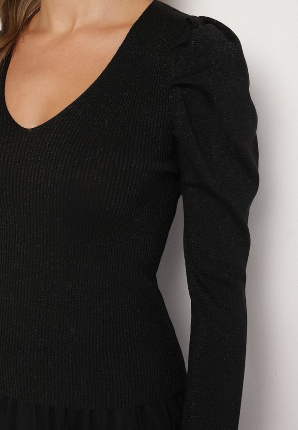Born2be - Czarny Sweter z Wiskozą Metaliczną Nicią i Bufiastymi Rękawami Sanellia. Okazja: na spotkanie biznesowe. Kolor: czarny. Materiał: wiskoza. Styl: biznesowy, elegancki