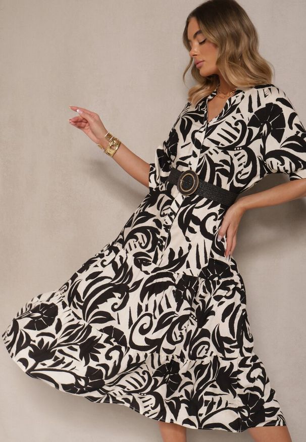 Renee - Czarna Rozkloszowana Sukienka z Wiskozy Ozdobiona Falbaną Filesenia. Kolor: czarny. Materiał: wiskoza. Wzór: aplikacja. Styl: elegancki