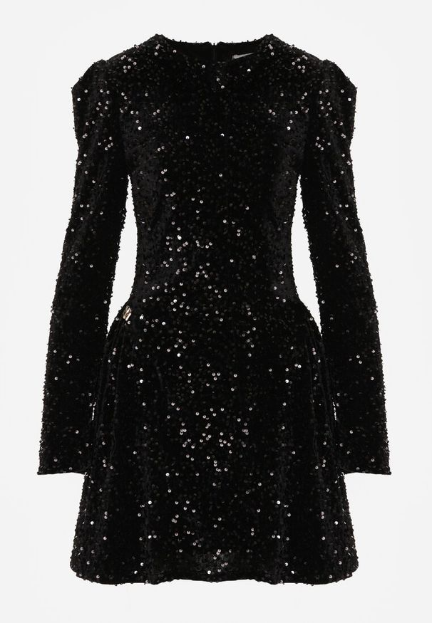 Born2be - Czarna Cekinowa Sukienka Koktajlowa z Geometrycznymi Ramionami Reffera. Okazja: na imprezę. Kolor: czarny. Długość rękawa: długi rękaw. Wzór: geometria. Typ sukienki: rozkloszowane. Styl: wizytowy