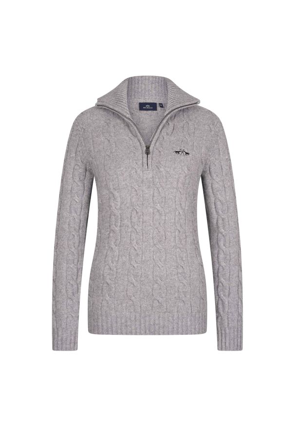 HV POLO - Sweter damski HV Polo Dunya. Typ kołnierza: polo. Kolor: szary. Materiał: dzianina, polar. Wzór: haft. Sezon: zima
