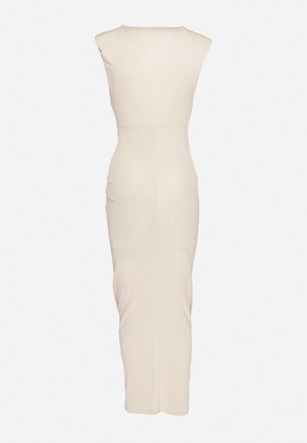 Born2be - Beżowa Sukienka Koktajlowa z Kopertowym Dekoltem Marszczeniem i Guzikami Tdivane. Kolor: beżowy. Typ sukienki: kopertowe. Styl: wizytowy