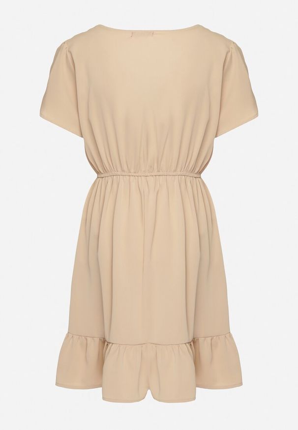 Born2be - Beżowa Rozkloszowana Sukienka z Gumką w Talii i Falbanką Welimia. Kolor: beżowy