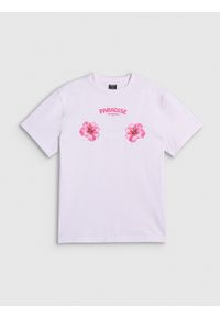 4f - 4F T-shirt loose z nadrukiem damski - biały S. Okazja: na co dzień, na plażę. Kolor: biały. Materiał: materiał, bawełna, dzianina. Wzór: nadruk. Sezon: lato. Styl: sportowy, klasyczny, wakacyjny, casual #1