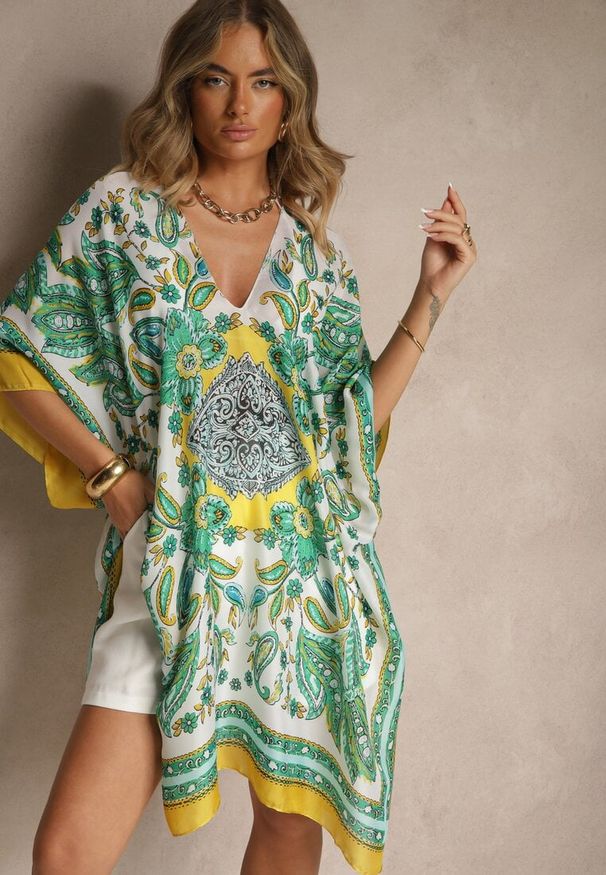 Renee - Żółte Ponczo Narzutka z Wiskozy i Jedwabiu w Stylu Boho Acera. Kolor: żółty. Materiał: jedwab, wiskoza. Sezon: lato. Styl: boho