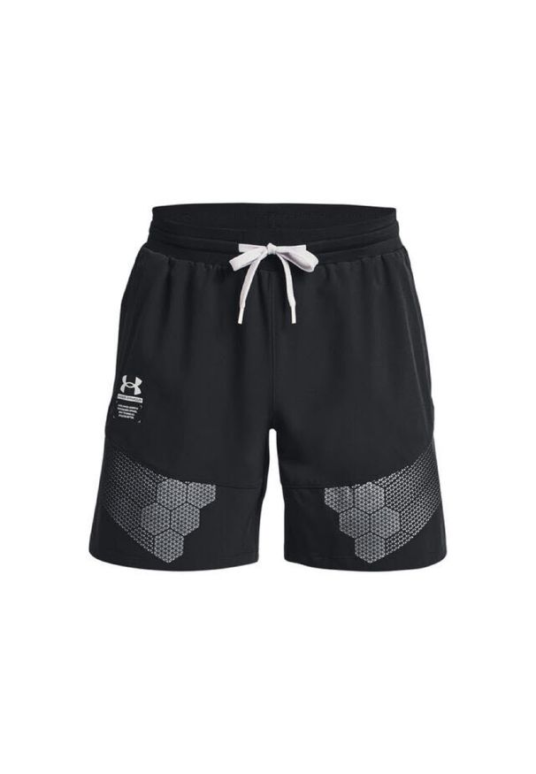 Spodnie treningowe męskie Under Armour Print Woven. Kolor: czarny. Długość: krótkie. Wzór: nadruk