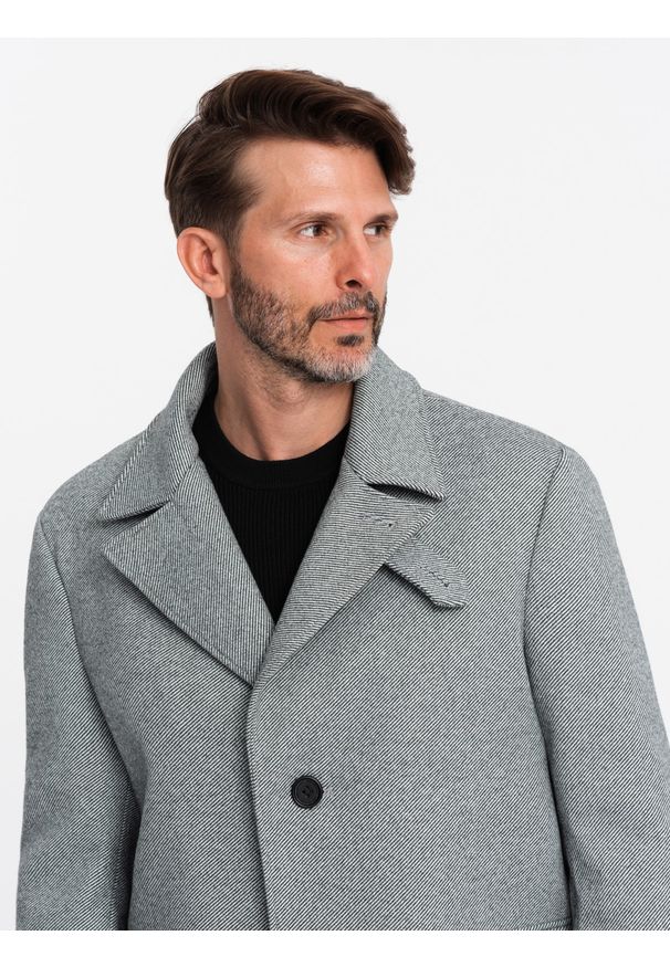 Ombre Clothing - Wzorzysty jednorzędowy męski płaszcz z kieszeniami – szary V3 - Rozmiar: XXL. Typ kołnierza: kołnierz rewers. Kolor: szary. Materiał: syntetyk, tkanina, poliester, materiał. Wzór: ze splotem