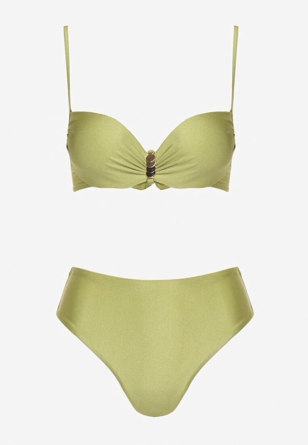 Renee - Zielone Bikini Majtki Figi i Biustonosz z Metaliczną Ozdobą Kinalenna. Kolor: zielony. Wzór: aplikacja