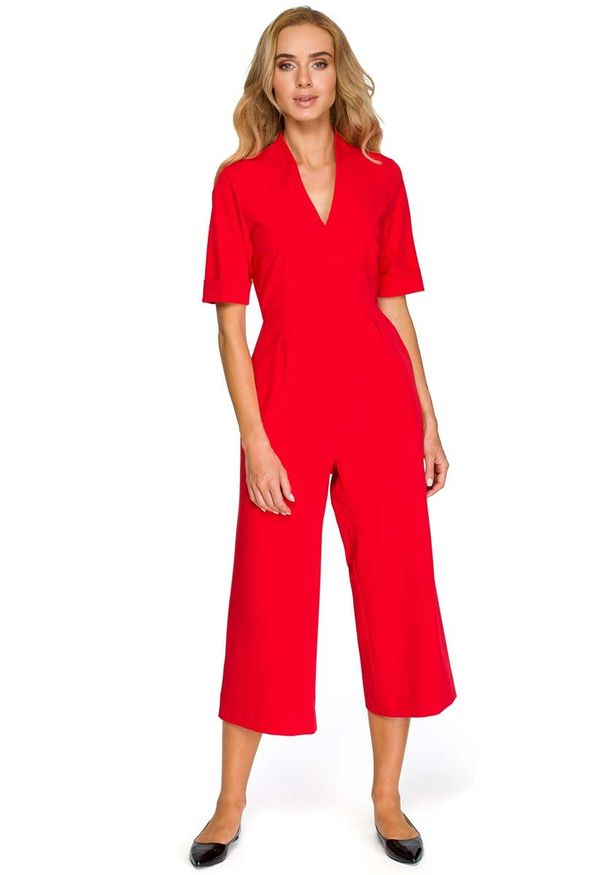 MOE - Czerwony Elegancki Kombinezon ze Spodniami Typu Culotte. Kolor: czerwony. Materiał: poliester, elastan, wiskoza. Styl: elegancki