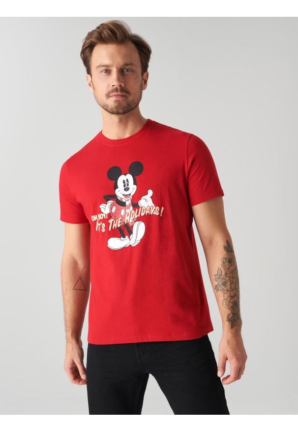 Sinsay - Koszulka Myszka Miki - koralowy. Kolor: pomarańczowy. Materiał: bawełna. Styl: wizytowy