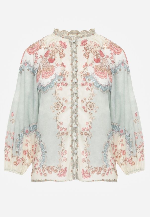 Born2be - Zielona Koszula w Kwiaty ze Stójką Feliana. Okazja: na co dzień. Typ kołnierza: kołnierzyk stójkowy. Kolor: zielony. Materiał: jeans. Wzór: kwiaty. Styl: elegancki, klasyczny, casual