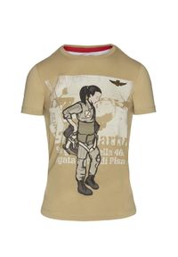 Brązowy t-shirt z nadrukiem Aeronautica Militare. Kolor: brązowy. Materiał: bawełna. Wzór: nadruk