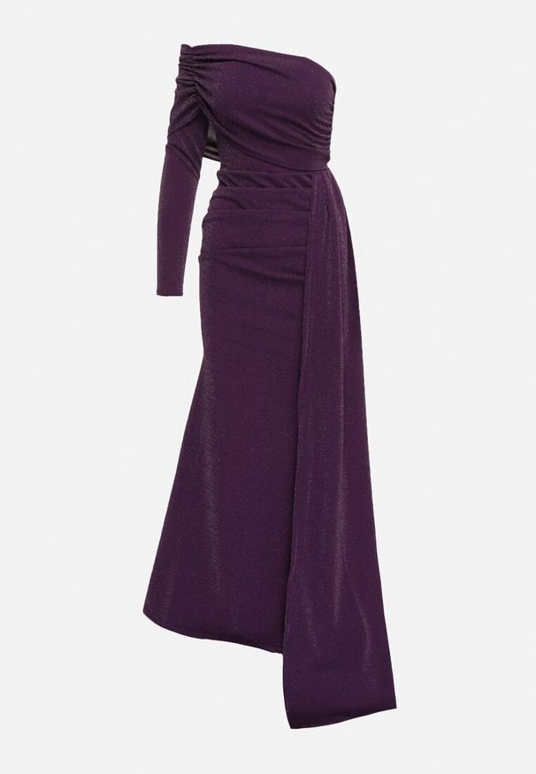 Born2be - Ciemnofioletowa Asymetryczna Sukienka Koktajlowa Ozdobiona Metaliczną Nicią i Trenem Emarielin. Kolor: fioletowy. Długość rękawa: długi rękaw. Wzór: aplikacja. Typ sukienki: asymetryczne. Styl: wizytowy. Długość: maxi