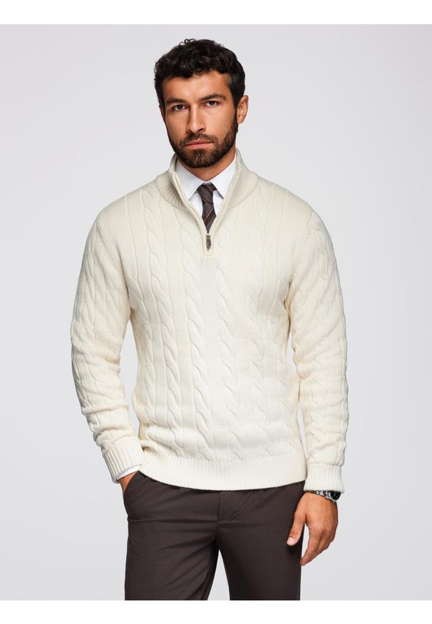 Ombre Clothing - Sweter męski o warkoczowym splocie z golfem zapinanym na zamek – kremowy V1 - Rozmiar: XXL. Okazja: na co dzień. Typ kołnierza: golf. Kolor: kremowy. Materiał: bawełna, poliamid, materiał. Wzór: ze splotem. Styl: casual, elegancki, klasyczny