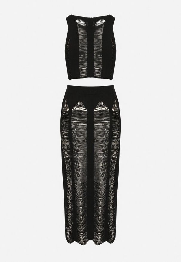 Born2be - Czarny 2-Częściowy Komplet Plażowy z Rozcięciami Top i Spódnica Cyrida. Kolor: czarny