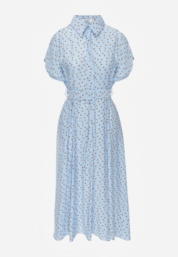 Renee - Niebieska Wiskozowa Sukienka w Kropeczki o Koszulowym Kroju z Wiązanym Paskiem Jynyra. Kolor: niebieski. Materiał: wiskoza. Sezon: lato. Typ sukienki: koszulowe. Styl: elegancki, retro, klasyczny