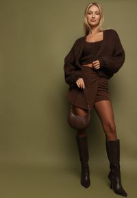 Born2be - Brązowy Kardigan Bez Zapięć z Dodatkowym Topem z Wełną i Wiskozą Fendorie. Kolor: brązowy. Materiał: wełna, wiskoza. Długość rękawa: na ramiączkach. Długość: długie. Styl: elegancki #3