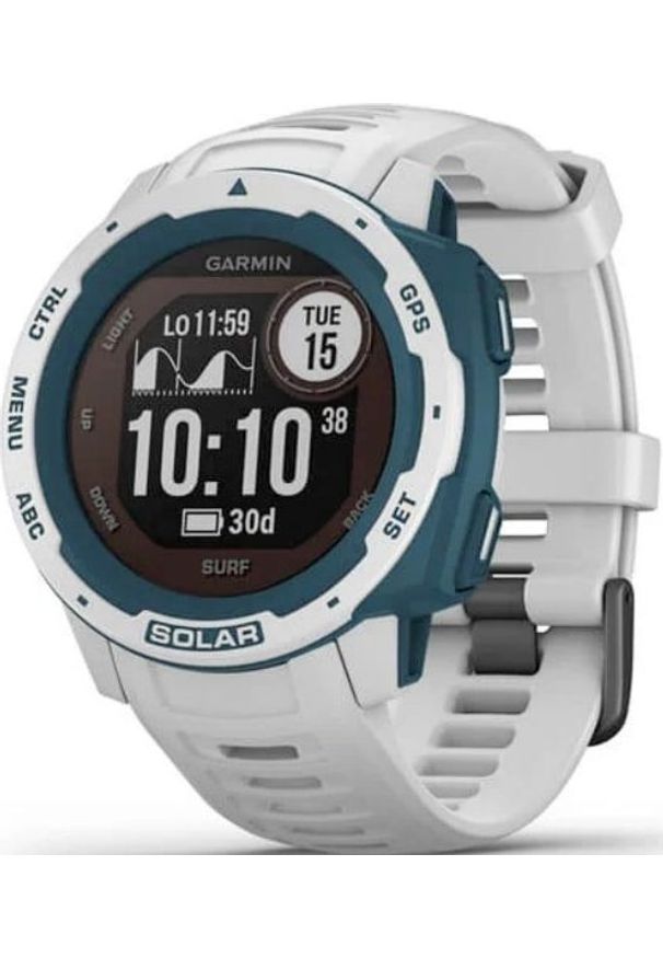 GARMIN - Zegarek sportowy Garmin Instinct Solar Surf Biało-niebieski (010-02293-08). Kolor: niebieski, biały, wielokolorowy. Styl: sportowy