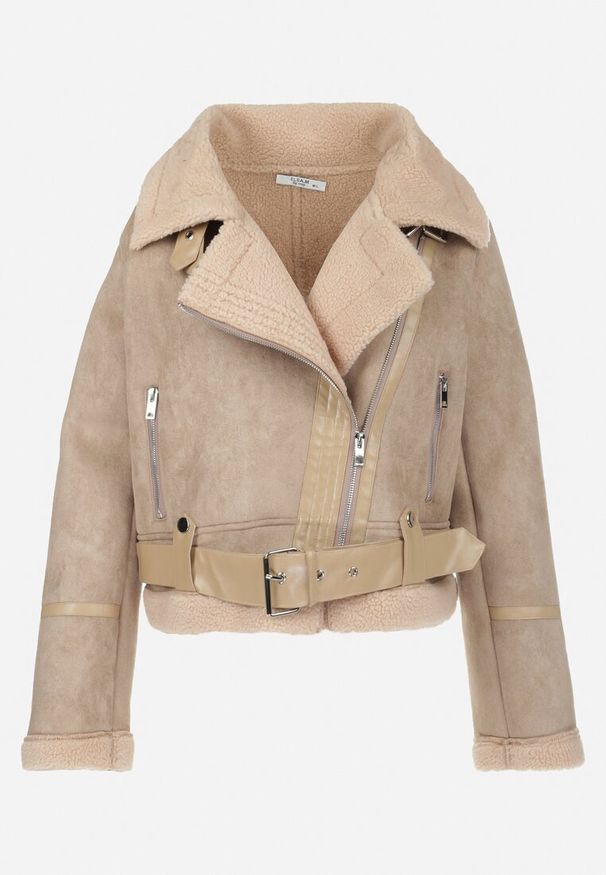 Born2be - Beżowa Kurtka Biker z Imitacji Zamszu i Kożuszka Ves. Kolor: beżowy. Materiał: zamsz