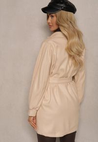 Renee - Beżowy Płaszcz z Wiązanym Paskiem i Bufiastym Rękawem Agnage. Typ kołnierza: kołnierzyk stójkowy. Kolor: beżowy. Materiał: jeans, tkanina. Sezon: jesień, wiosna #4