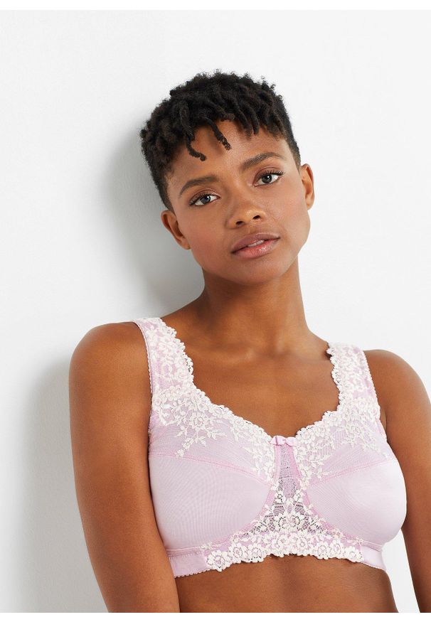 bonprix - Biustonosz odciążający bez fiszbinów z wyściełanymi ramiączkami. Kolor: fioletowy. Materiał: koronka. Wzór: koronka