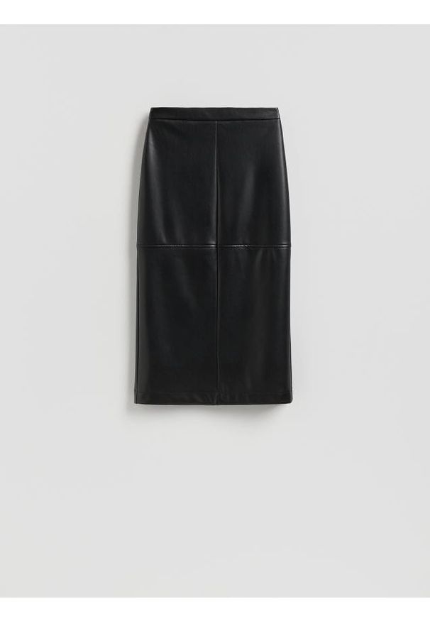 Reserved - Spódnica midi z rozcięciem - czarny. Kolor: czarny. Materiał: skóra