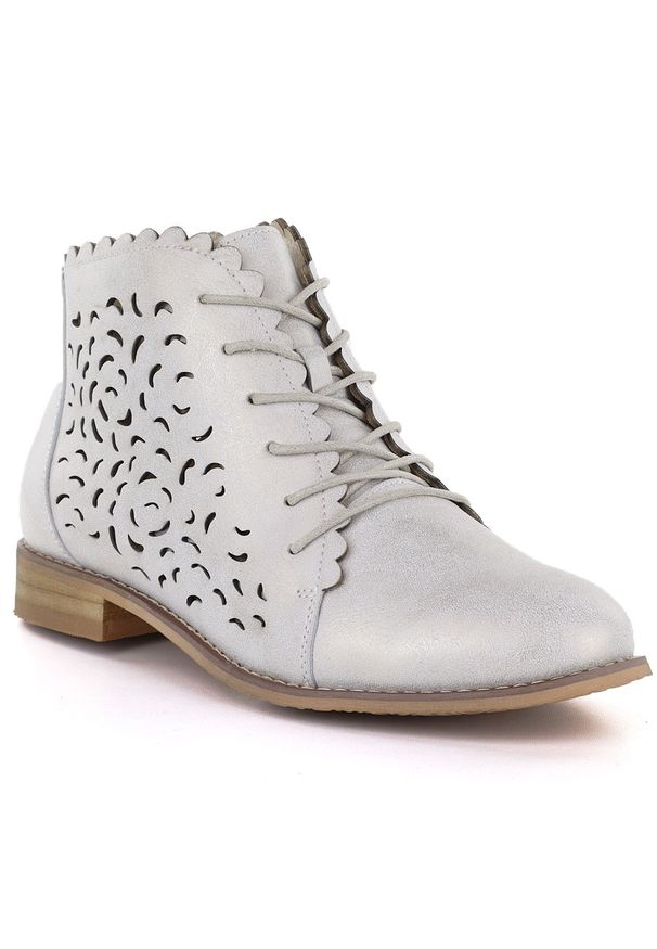 POTOCKI - Skórzane botki damskie ażurowe złote Potocki JE19423. Kolor: złoty. Materiał: skóra. Szerokość cholewki: normalna. Wzór: ażurowy