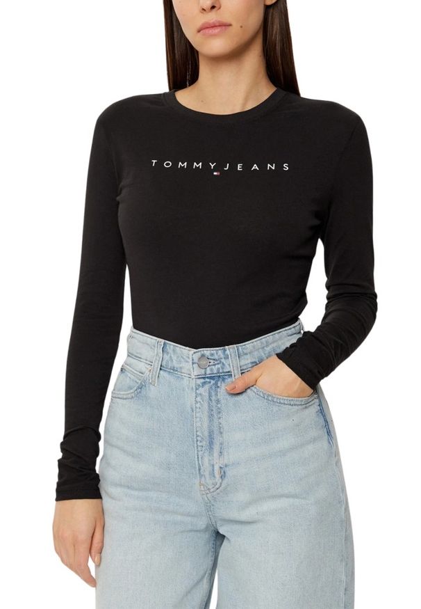 Tommy Jeans - TOMY JEANS Czarny damski longsleeve. Kolor: czarny. Długość rękawa: długi rękaw