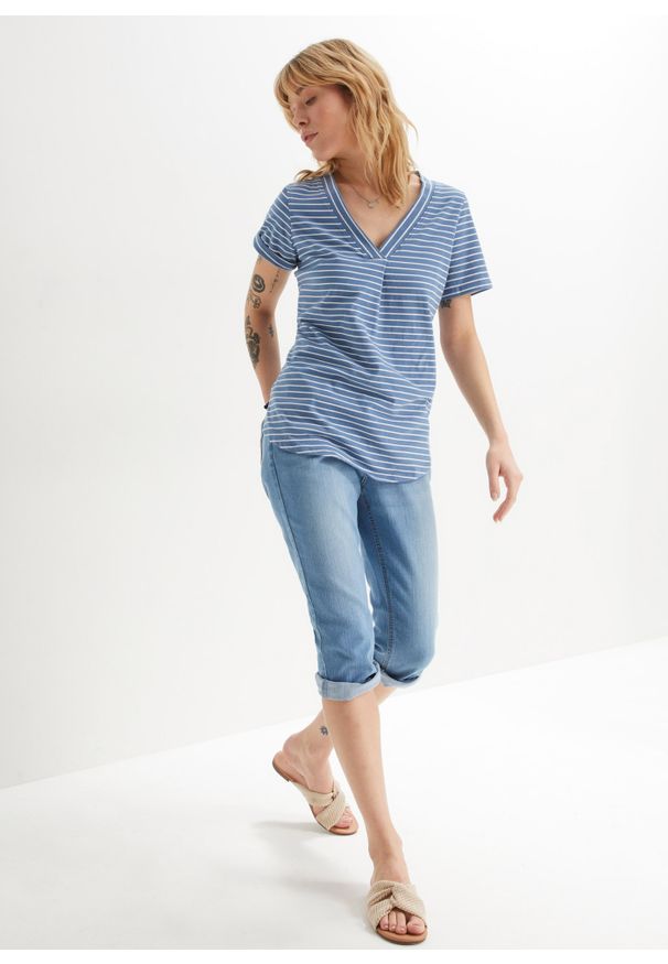bonprix - Rybaczki dżinsowe ze stretchem, Slim Fit, mid waist. Kolor: niebieski