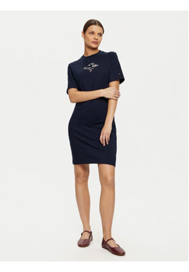 TOMMY HILFIGER - Tommy Hilfiger Sukienka codzienna Short Sleeve Short Dress WW0WW43830 Granatowy Slim Fit. Okazja: na co dzień. Kolor: niebieski. Materiał: bawełna. Typ sukienki: proste. Styl: casual
