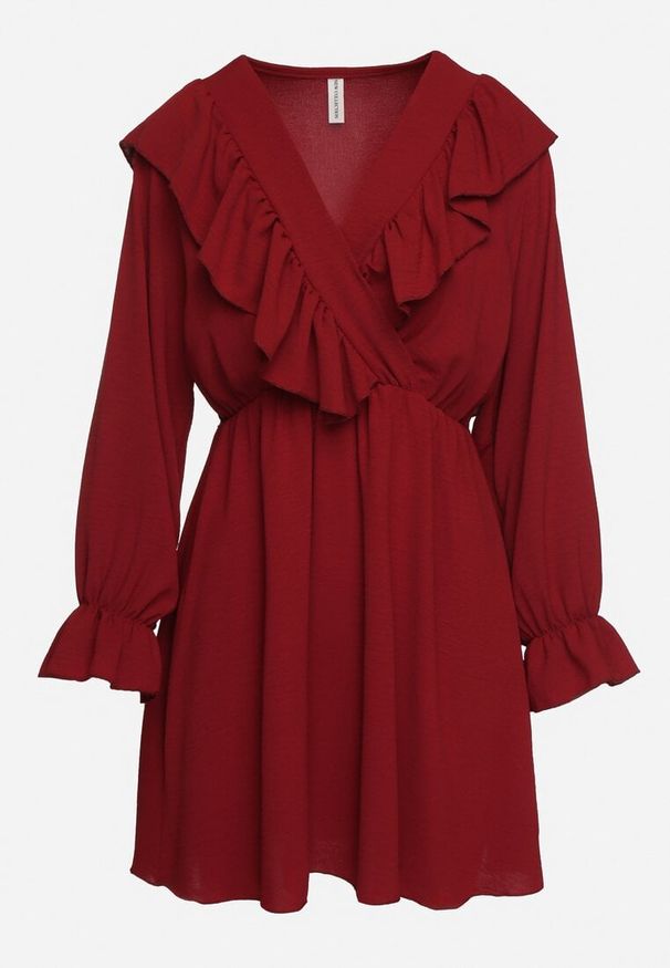 Born2be - Bordowa Rozkloszowana Sukienka o Kopertowym Kroju z Falbankami Celonara. Okazja: na imprezę. Typ kołnierza: kołnierz z falbankami. Kolor: czerwony. Typ sukienki: kopertowe. Styl: elegancki