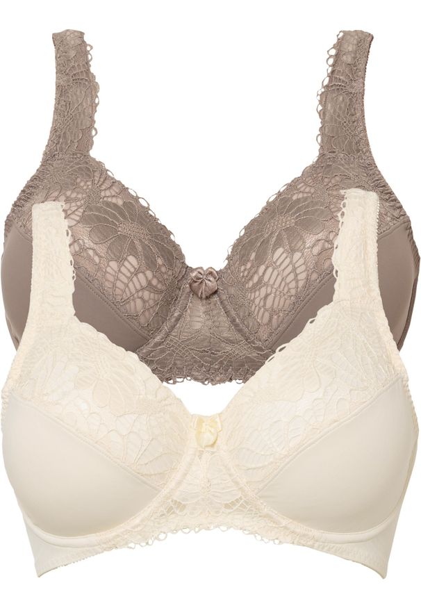 bonprix - Biustonosz minimizer na fiszbinach (2 szt.). Kolor: beżowy. Materiał: koronka. Rodzaj stanika: różne sposoby noszenia, wyściełane miseczki. Wzór: koronka